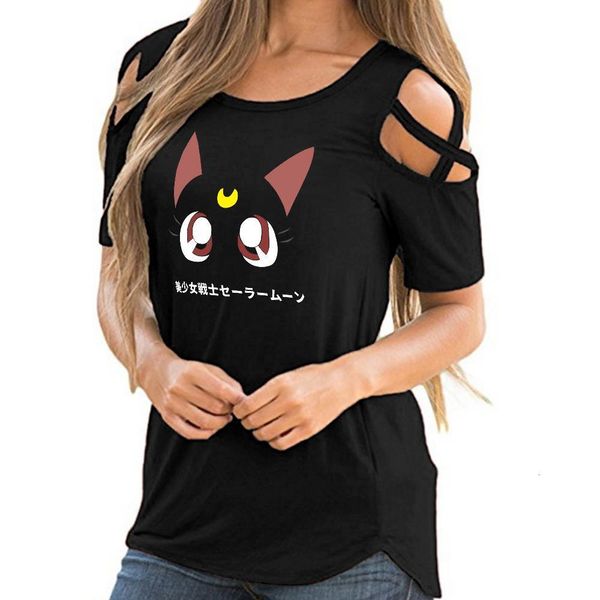 

sailor moon fashion printed off shoulder t-shirts women summer short sleeve tshirt 2019 harajuku streetwear hollow, White