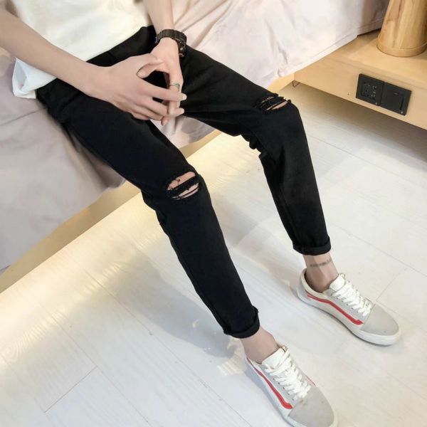 

2020 new men's casual slim style in korean version hole ripped capri- jeans for men long full length, Blue