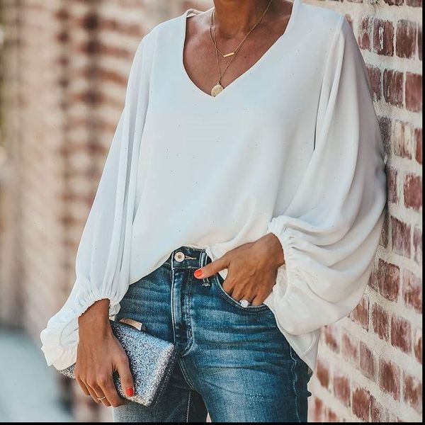 

forudesigns selling women chiffon blouse printing v neck lady and shirts femme beach casual clothes, White