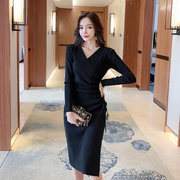 

coigarsam full sleeve women dress knitting v-neck dresses black 50781, Black;gray