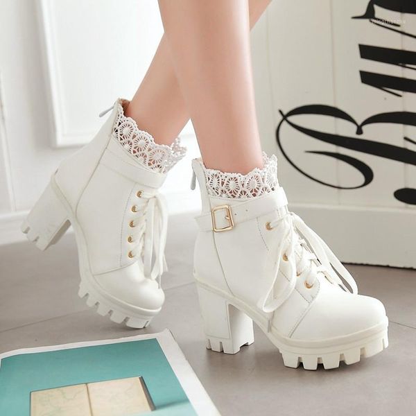 

boots winter high-heeled coarse heel platform frenulum waterproof thick bottom white women zapatos de mujer 331, Black