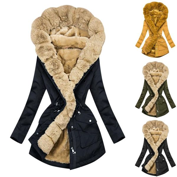 

women's jackets winter down long sleeve button coat casual jacket loose vintage fur collar parka cardigan warm hooded overcoat, Black;brown