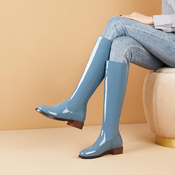 

женщины моды твердая натуральная кожа колено высокие сапоги ночной клуб обувь женщина square heels женский silm длинные езда сапоги, Black