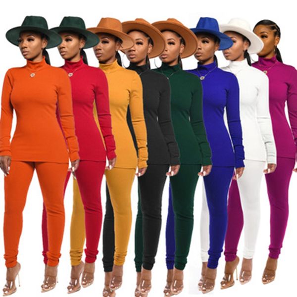 

z064 european and american women's autumn and winter high neck solid color two-piece suit, White