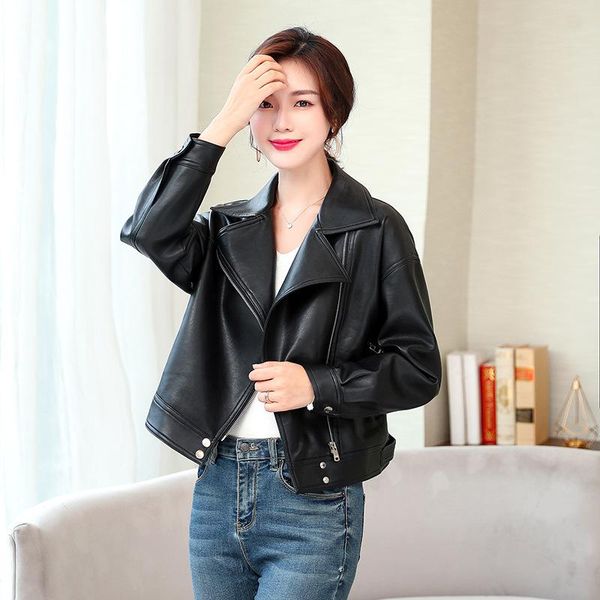 

leather jackets coat for women 2020 new fashion loose turn collar pu locomotive leather jackets for women m l  xxl 3xl, Black