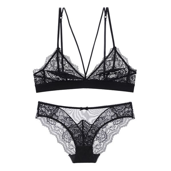 

woman french temptation underwear sponge lace ultra-thin no steel ring gather comfortable breathable bra set wt061, Red;black