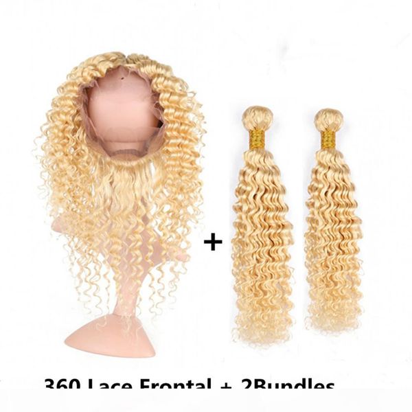 

malaysian human hair #613 blonde deep wave 2bundles and 360 lace frontal 22.5x4x2 bleach blonde hair weaves with 360 frontal closure, Black;brown