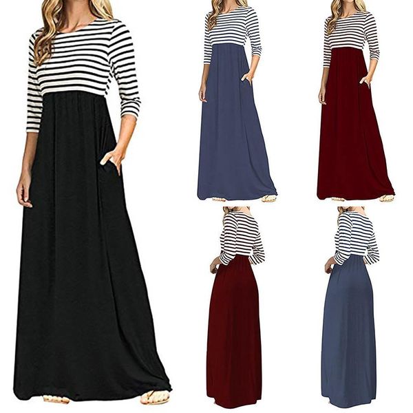 

women dress 2021 fashion stripe long sleeve high waist solid color long bohemia maxi dresses with pockets dress female, Black;gray