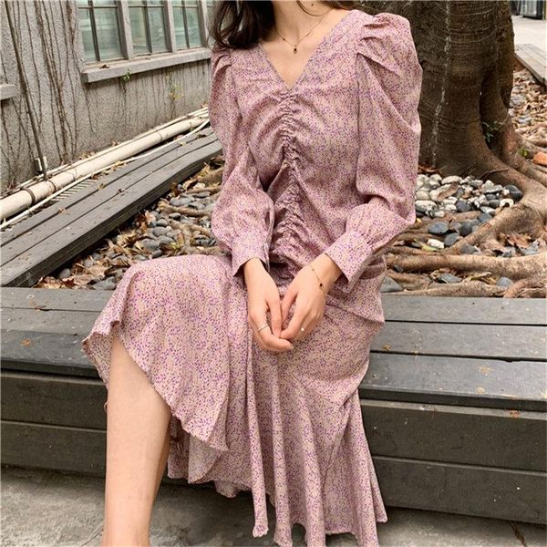 

hzirip puff-sleeved gentle pleated 2020 spring print retro ruffles dress plus size v-neck women casual female femme1, Black;gray