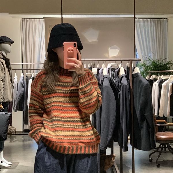 

women's round neck retro long-sleeved sweater student tide wear knitted korean autumn winter warm striped pullovers lj201017, White;black