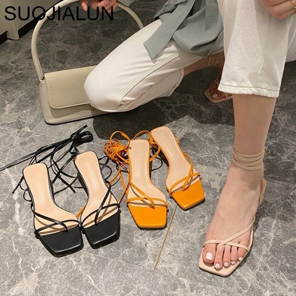 

suojialun new fashion women sandals low thin heel lace up gladiator sandal summer outdoor strap slides narrow band zapatos mujer y200405, Black