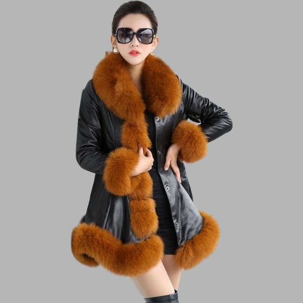 

2021 leather jacket woman faux fur collar plus size 6xl thicken warm mid-length slim winter coat female veste fourrure femme, Black