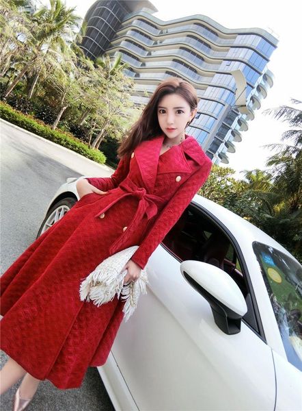 

2020 autumn winter burgundy velvet long overcoat women's notched collar outwear vintage thick maxi trench coat r131, Tan;black