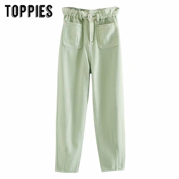 witte groene jeans denim paperbage broek voorzakken hoge taille jeans enkellange streetwear 201006