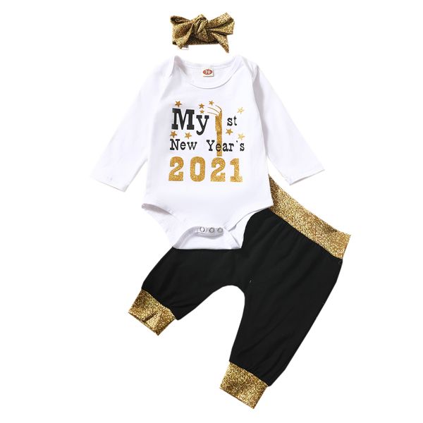 2021 Mein 1. Neujahr Neugeborenes Baby Junge Mädchen Langarm Baumwolle Body Tops Gold Pailletten Lange Hose Stirnband 3PCS Kleidung Set LJ201023