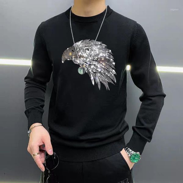 

2autumn and winter new high-quality long-sleeved printing diamond men's sweater fashion pullover knitted warm 5xl1, White;black