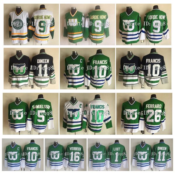 Retro Vintage Hartford Whalers Hockey Jersey 9 Gordie Howe 10 Ron Francis 1 Mike Liut 11 Kevin Dineen 16 Patrick Verbeek 26 Ray Ferraro 5 Ulf Samuelsson Verde Branco