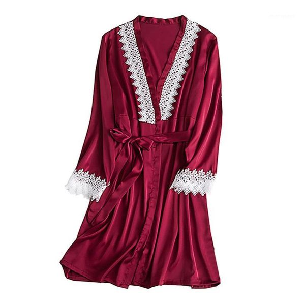 

exy lingerie women silk lace robe long sleeve stain bathrobe sleepwear bridesmaid robes peignoir femme e11, Black;red