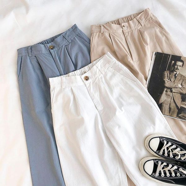 

korean style hong kong style simple and versatile student women's half elastic high waist straight wide leg pants ins fashion1, Black;white