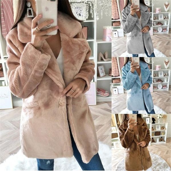 

women's fur & faux winter coat women elegant solid turn down collar plush jacket button pocket loose warm fake lady casual, Black
