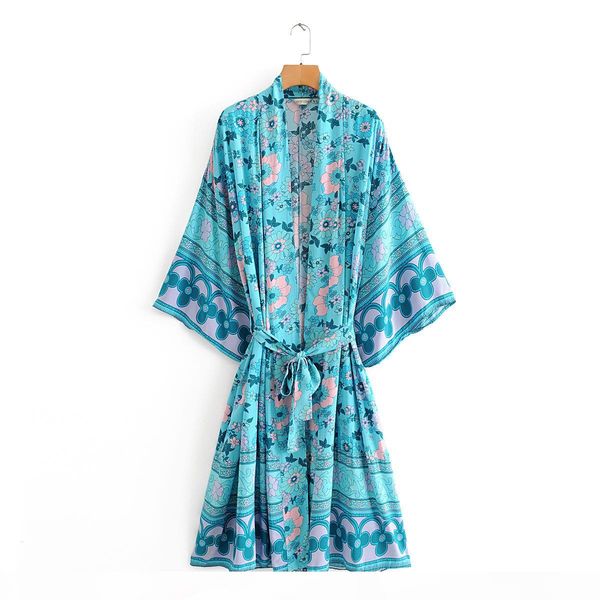 

women long robe kimono cardigan blouses summer chic boho floral print fashion bohemian sashes maxi cardigan beach boho shirt loose cover-ups, White