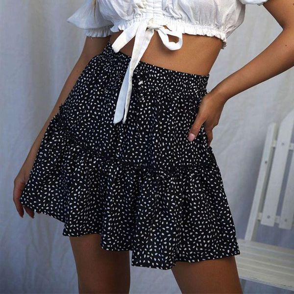 

#35 women summer skirt casual high waist ruffled dot print beach short skirt tutu femme korean style women tule rok dames, Black
