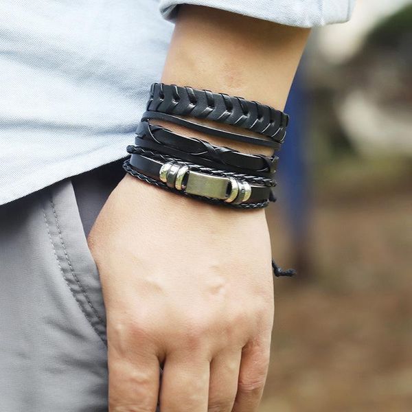 

tennis handmade black braided men's leather bracelets vintgae punk wrap infinity charms bracelet set women jewelry, Golden;silver
