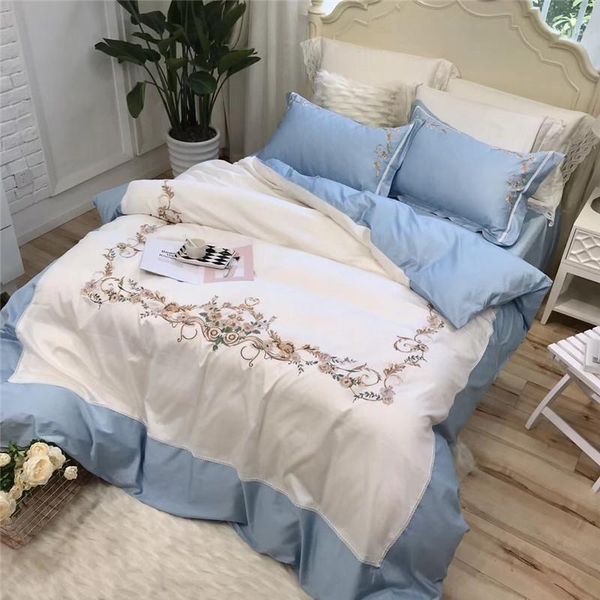 

bedding sets blue white pink luxury flowers embroidery 60s egyptian cotton set  king duvet cover bed sheet linen pillowcases1