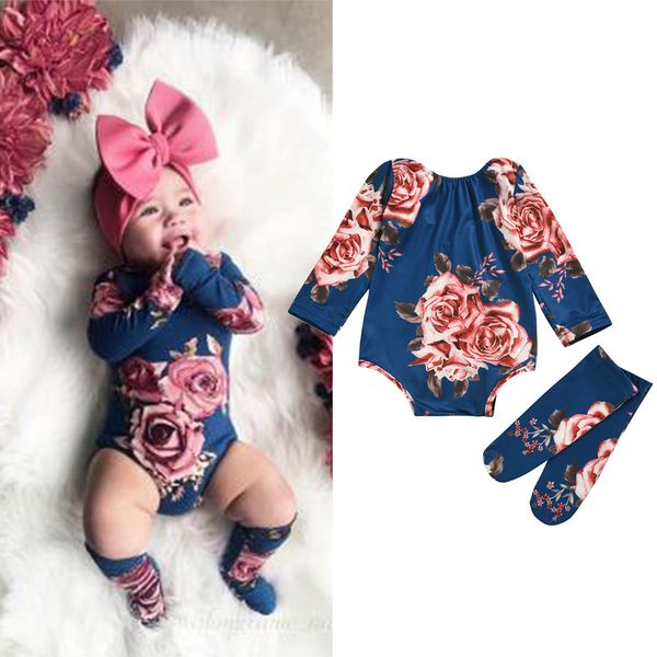 

newborn baby long sleeve romper large floral jumpsuit girl warm leg socks outfit 0-24m baby clothing 1032 y2, Blue
