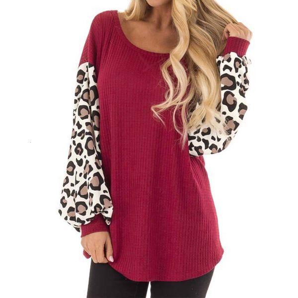 

autumn leopard pattern stitching long sleeve printed large size loose sweater for women's fashion round neck red top, White;black