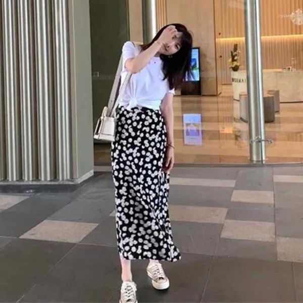 

vintage daisy print a line women midi skirt high waist skirt lady beach holiday long skirts casual1, Black