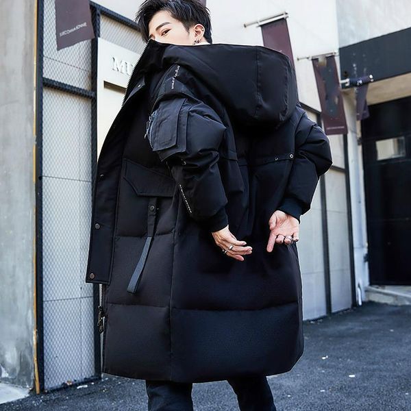 

new mens down jacket long hooded casual winter warm gray duck velvet coat clothes, Black