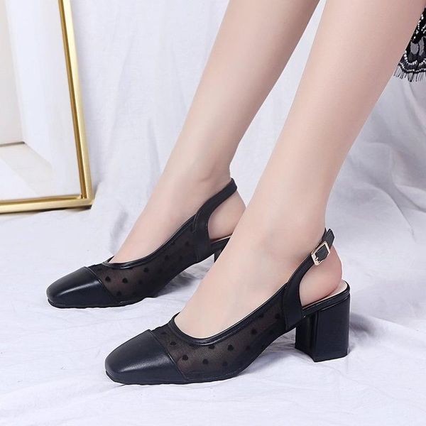 

women's summer 2021 new high heels sandals shoes women square toe sandalias mujer chunky heel mesh buckle strap ladies shoes, Black