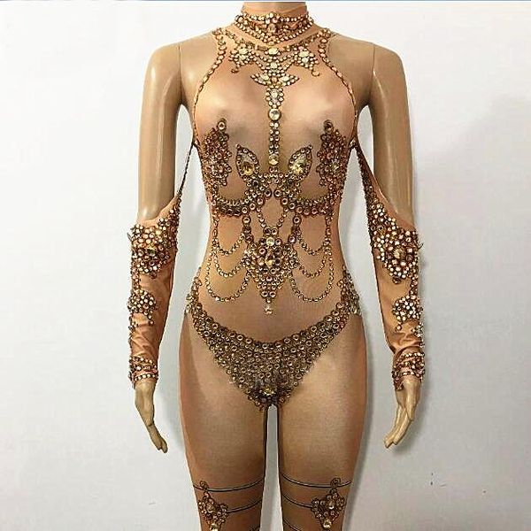 

gold stones nude jumpsuits big stretch rhinestones bodysuit nightclub women dance show prom party one-piece stage wear
