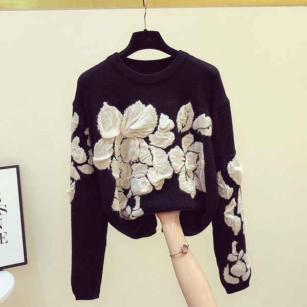 

women's sweaters o-neck chic embroidery flower women pullovers 2021 autumn winter knitted fashion vintage loose coat, White;black