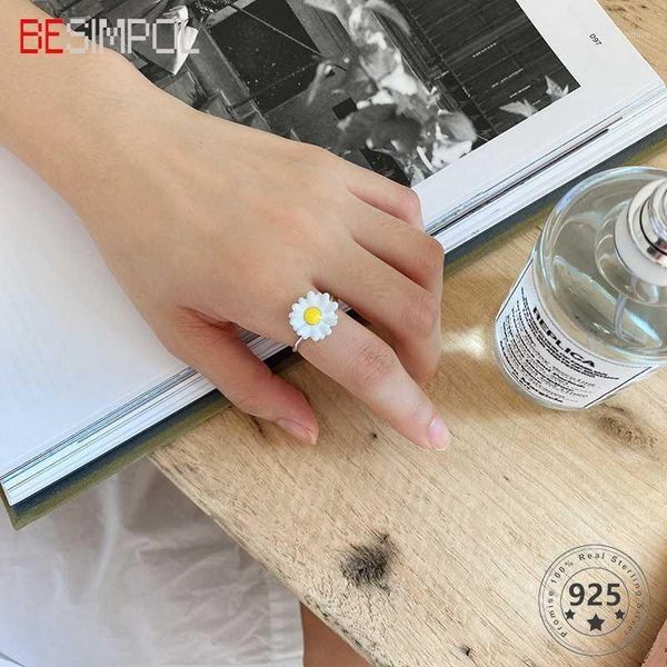 

besimpol unique real 925 sterling silver ring daisy flower drip glazed fashion adjustable ring for women simple fine jewelry1, Golden;silver