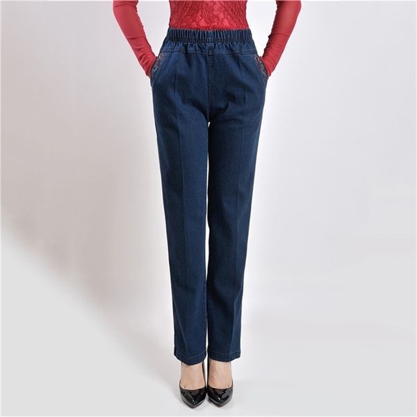 Мама джинсы синяя высокая талия свободные XL-5XL плюс размер джинсы 19 новых весенних вышивка карманы прямые джинсы средние женщины штаны JD46 201223