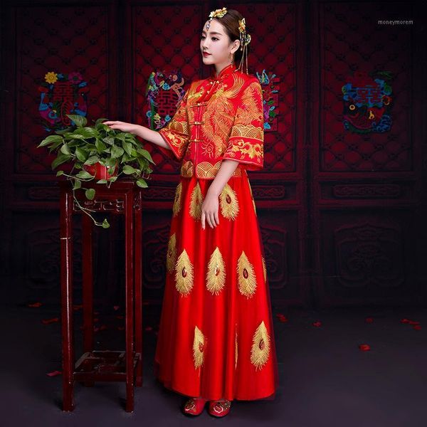 

ethnic clothing traditional chinese wedding gown 2021 long sleeves cheongsam women phoenix embroidery dress modern qipao dresses red qi pao1