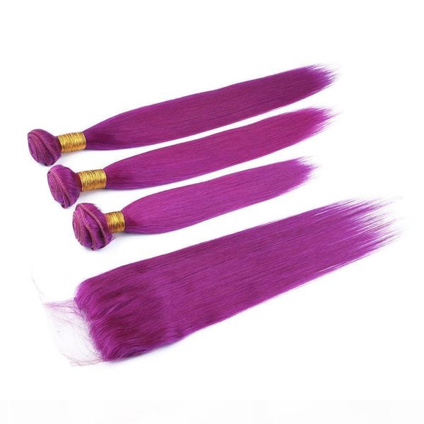 

malaysian human hair purple colored weave bundles 3pcs with closure silky straight pure purple virgin hair wefts with 4x4 lace closure, Black;brown