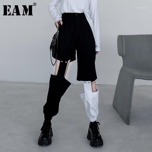 

eam] high waist black hollow out long wide leg trousers new loose fit pants women fashion tide spring summer 2020 13t5101, Black;white