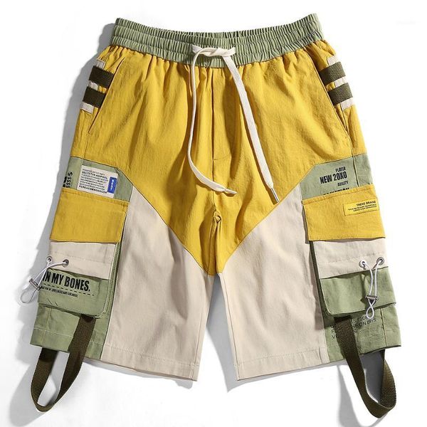 

men summer new hip hop streetwear fashion mutil pockets cargo shorts men casual cotton ribbon knee length patchwork shorts1, White;black