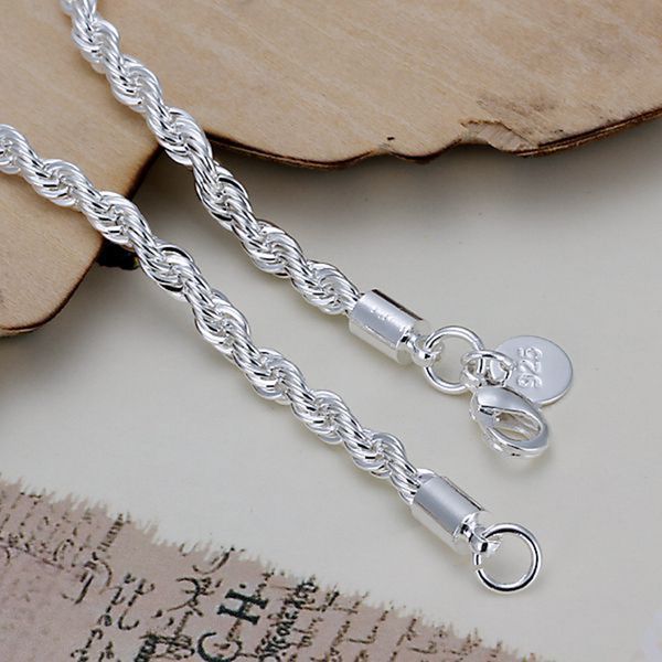 

twist xmas fine fashion 4mm 925 sterling silver rope chain for women men party european charm 8inch bracelet new hot, Black