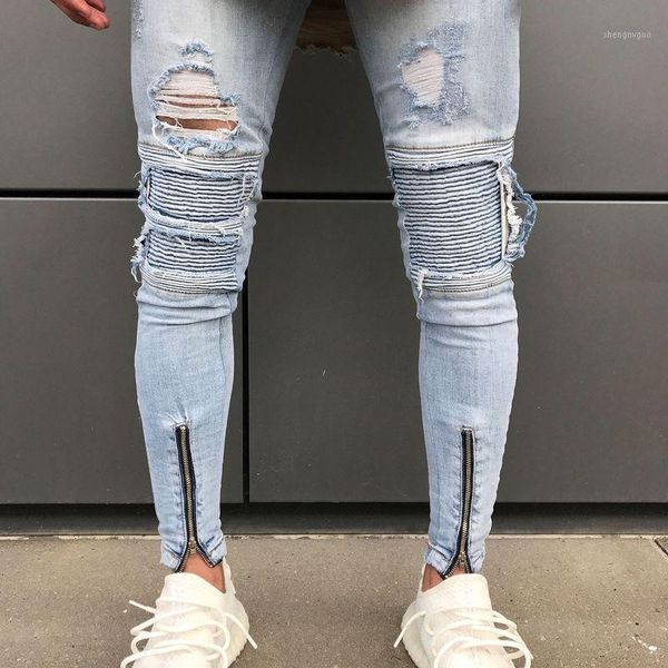 

cross border new men's small foot motorcycle pants light color slim fit broken hole locomotive pleated pants men's jeans1, Blue