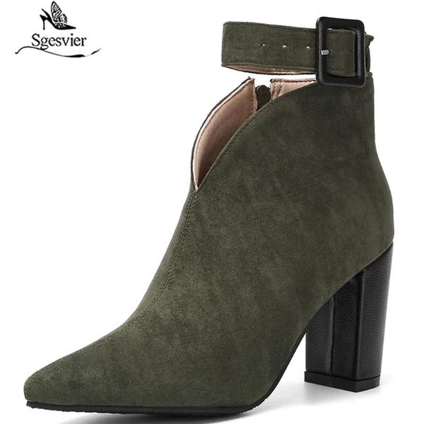 

boots sgesvier flock buckle zipper type-v autumn winter women ankle fashion pointed toe thick high heel shoes size 43 g684, Black