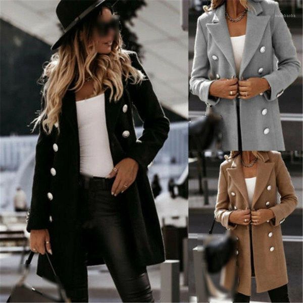 

women warm woolen lapel long coat blazer suit trench parka jacket formal outwear1, Black