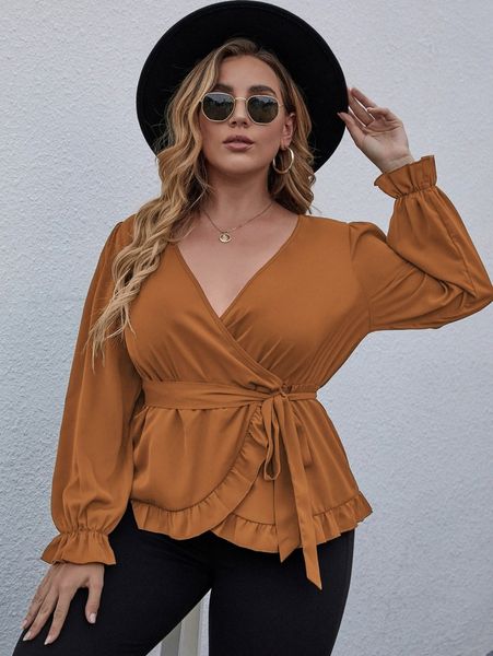 

plus wrap frill trimed belted blouse y4jj#, Black