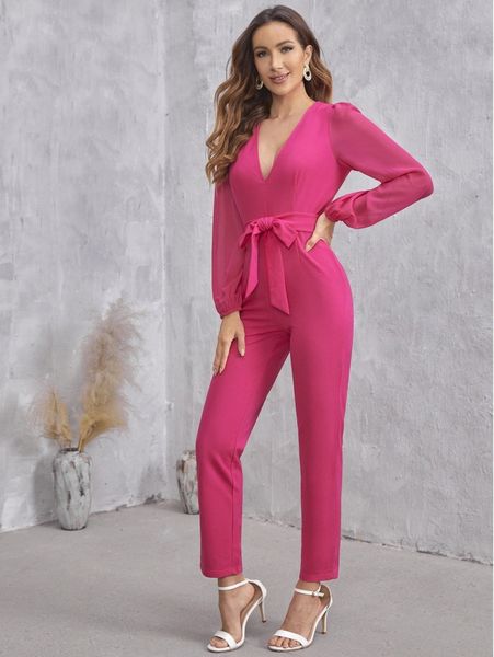 

v-neck lantern sleeve belted solid jumpsuit t7gq#, White