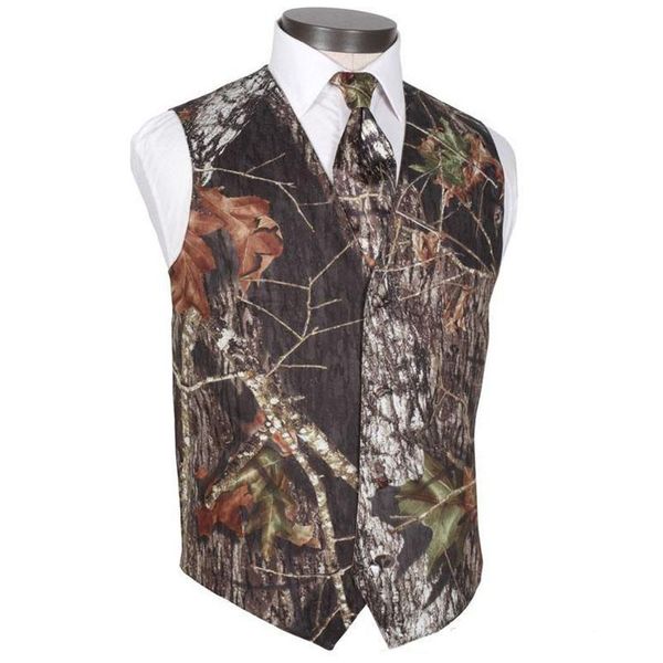 2021 Männer Camo gedruckt Bräutigam Westen Wedding Westen RealTree Frühling Camouflage Slim Fit Herrenwesten 2 Stück Set (Weste + Krawatte) Maßgeschneiderte Plus Größe