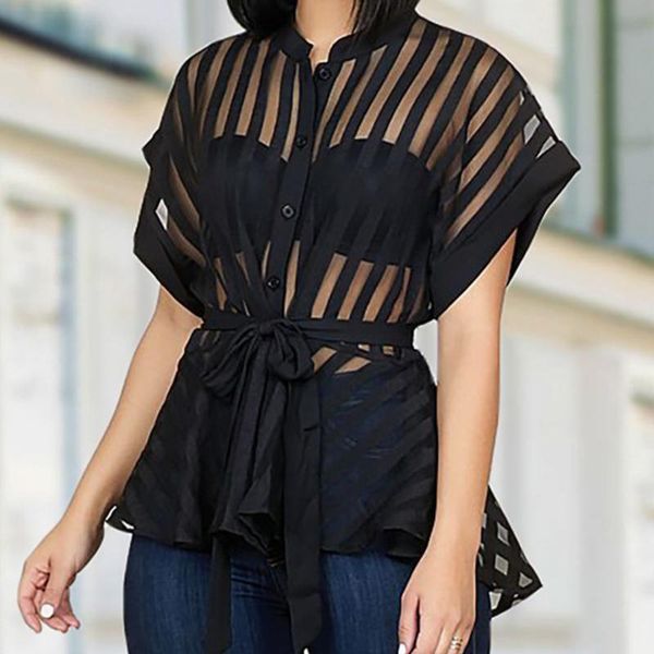 

women summer see through striped peplum mesh shirt blouse elegant streetwear classy party clubwear, White