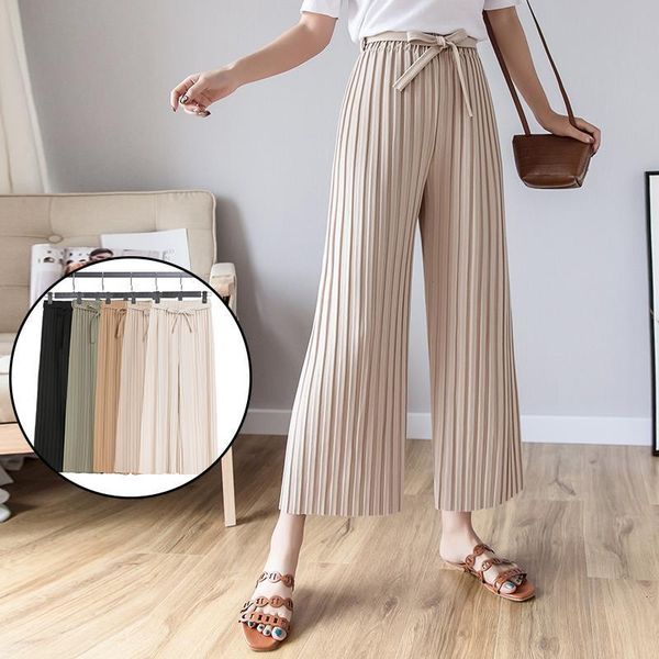 

stripe spring summer 2020 new women's pants pleated wide leg pants vintage loose ninth pants casual high waist trousers 80i, Black;white